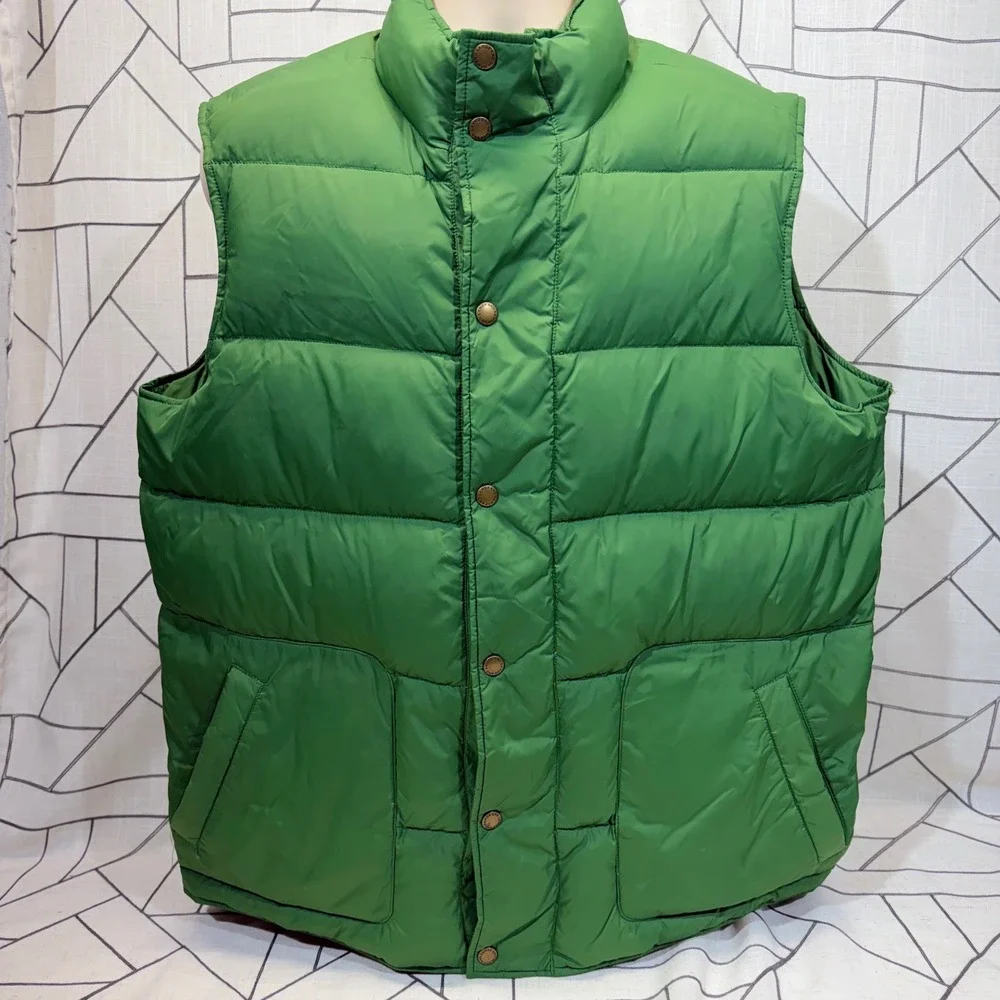 Lands' End Puffer Vest L Green Quilted Snap Front Sleeveless‎ Jacket Outerwear